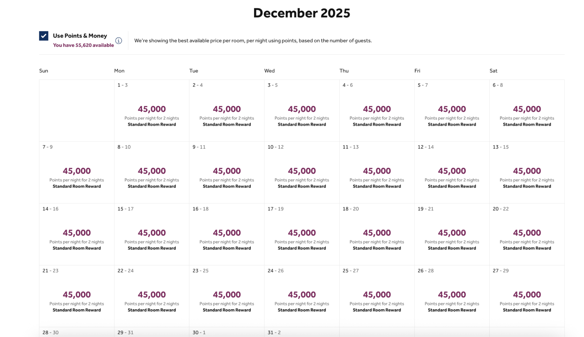 A screenshot showing that every night at the Waldorf-Astoria Panama City in December 2025 is 45,000 Hilton Honors points per night.
