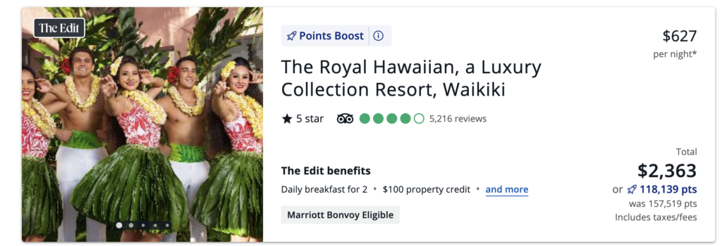 Screenshot showing The Royal Hawaiian Hotel is bookable for $2,363 or 118,139 points.