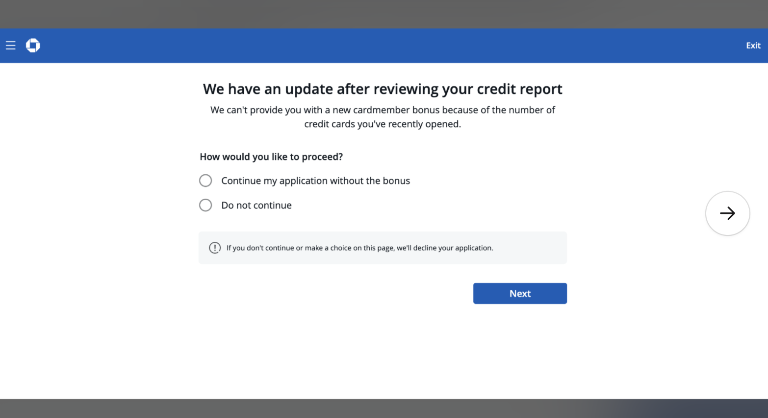 A screenshot showing that Chase will do a hard credit check before letting you know if you’re eligible for a new card member bonus.